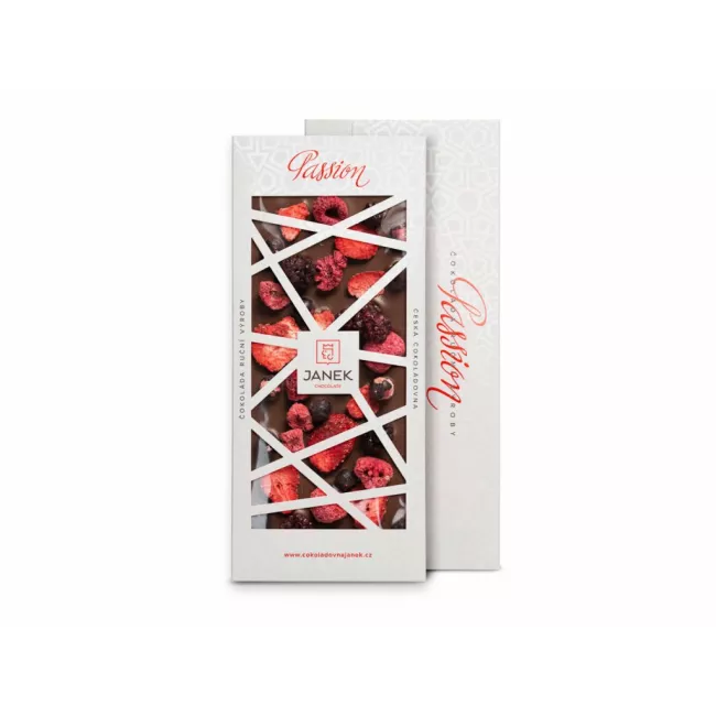 Mléčná čokoláda 41,3% s jahodami, malinami, ostružinami a rybízem